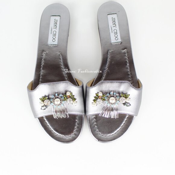 NEW JIMMY CHOO Embellished Metallic Slides - Flats for Resort, Events or Bridal - Picture 5 of 16